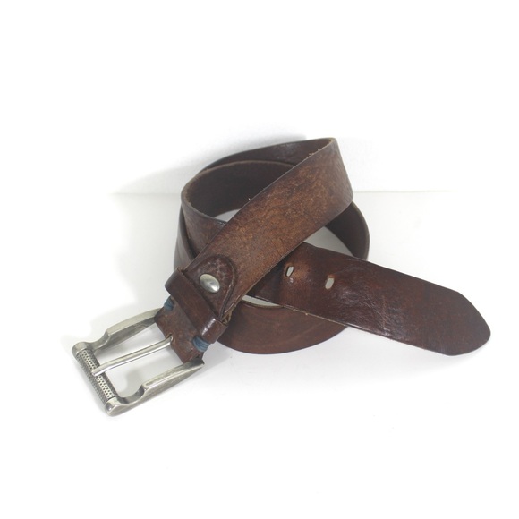 Vintage Worn In Distressed Thick Italian Brown Leather Work Belt unisex Silver - Picture 2 of 9